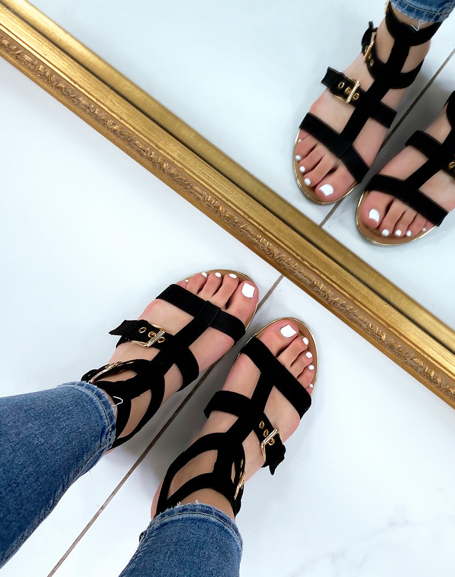 Nu-pieds noirs en suédine et à multiples brides ajustables