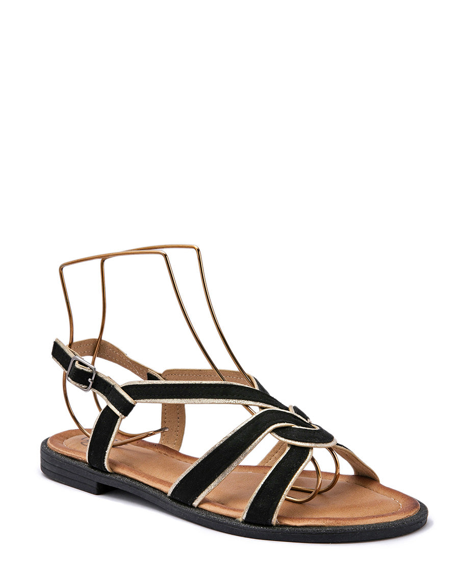 Nu-pieds noirs et lanières nouées dorées