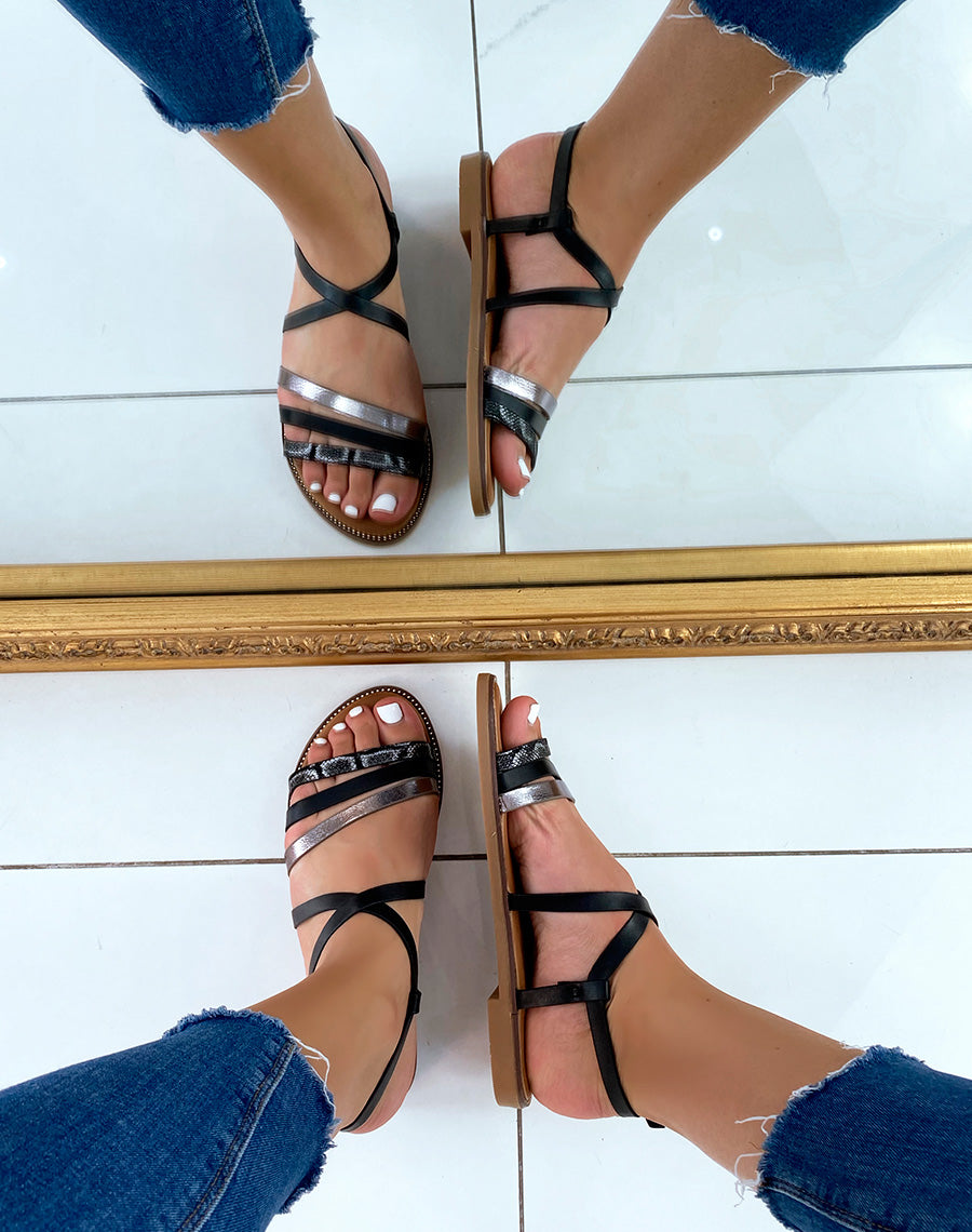 Nu-pieds noirs à multiples brides et motif animalier