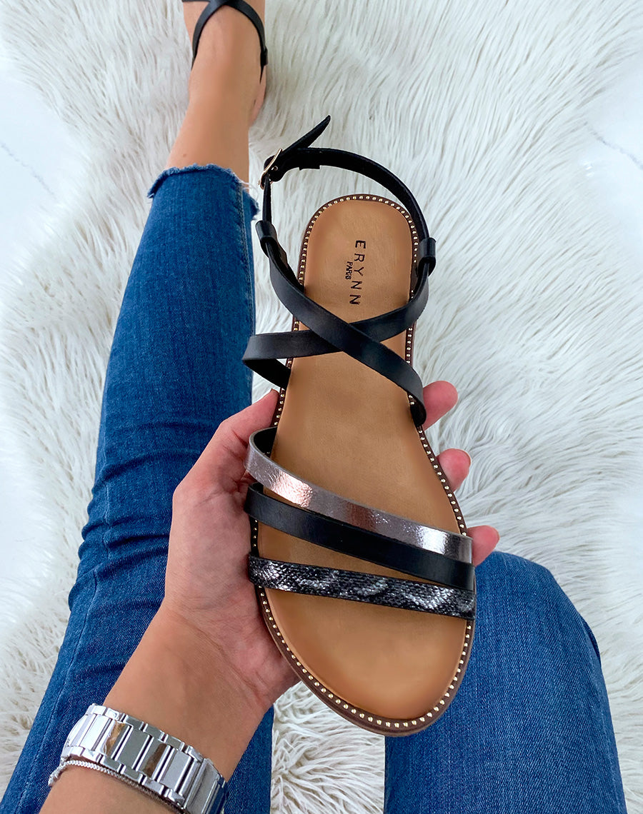 Nu-pieds noirs à multiples brides et motif animalier