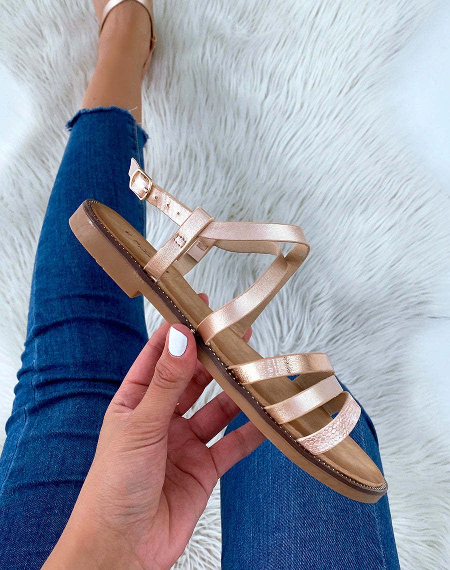Nu-pieds rose gold à multiples brides et motif animalier