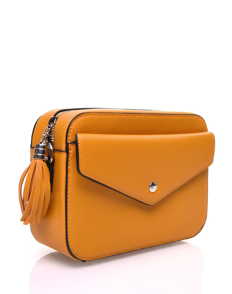 Petit sac bandoulière texturé moutarde et fermeture pompon