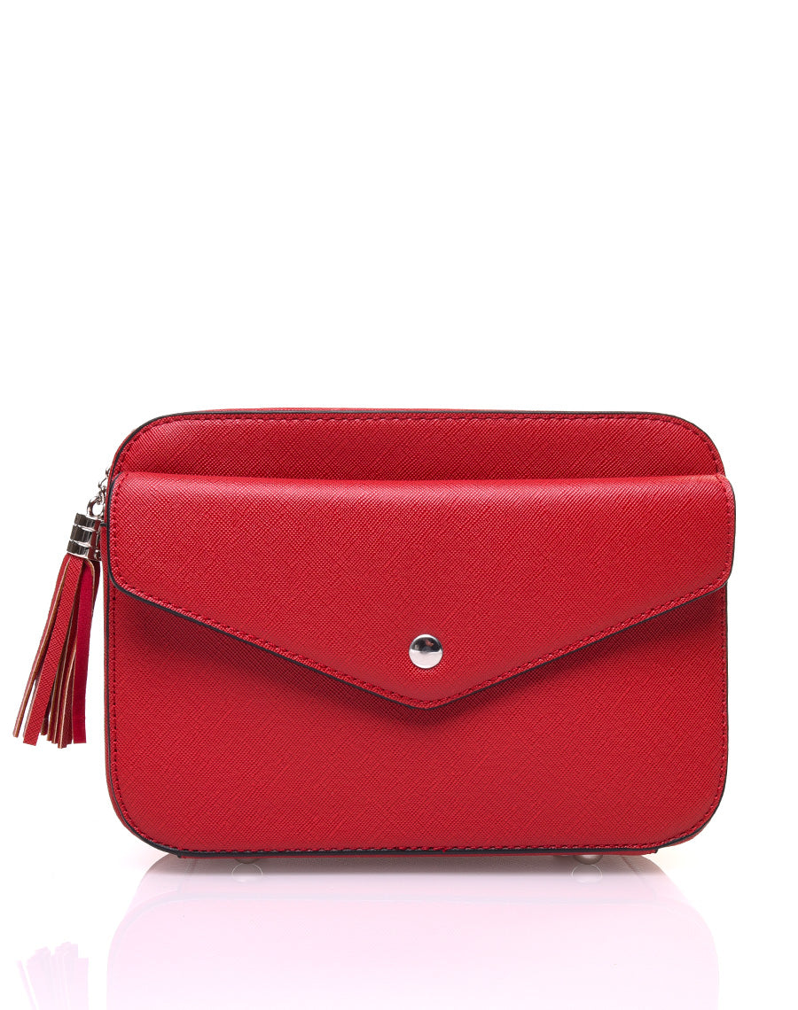 Petit sac bandoulière texturé rouge et fermeture pompon