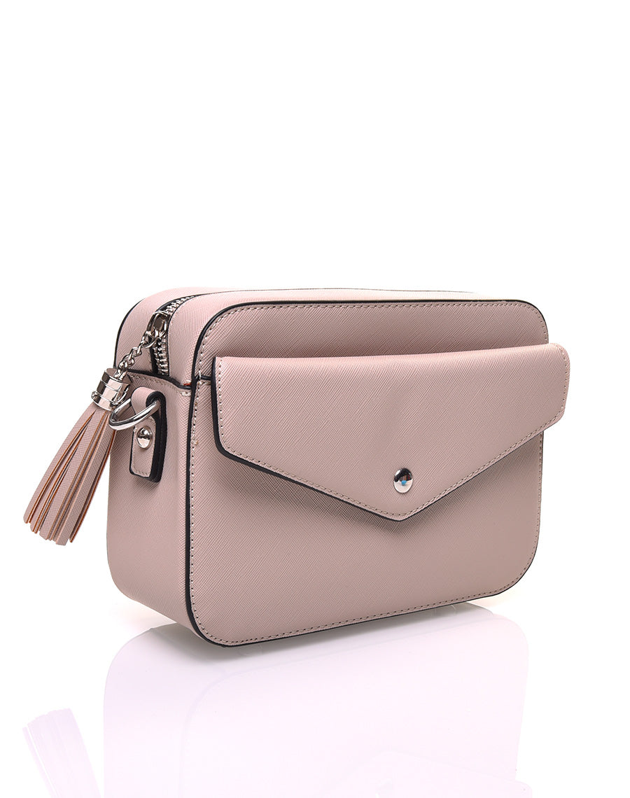 Petit sac bandoulière texturé taupe et fermeture pompon