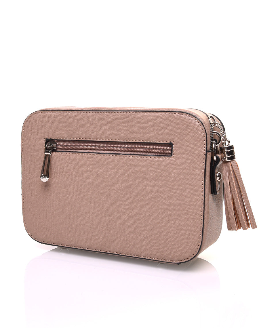 Petit sac bandoulière texturé taupe et fermeture pompon