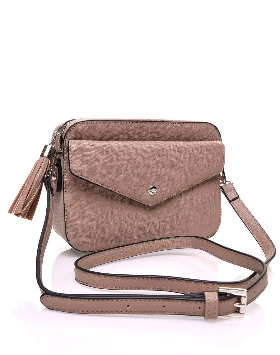 Petit sac bandoulière texturé taupe et fermeture pompon
