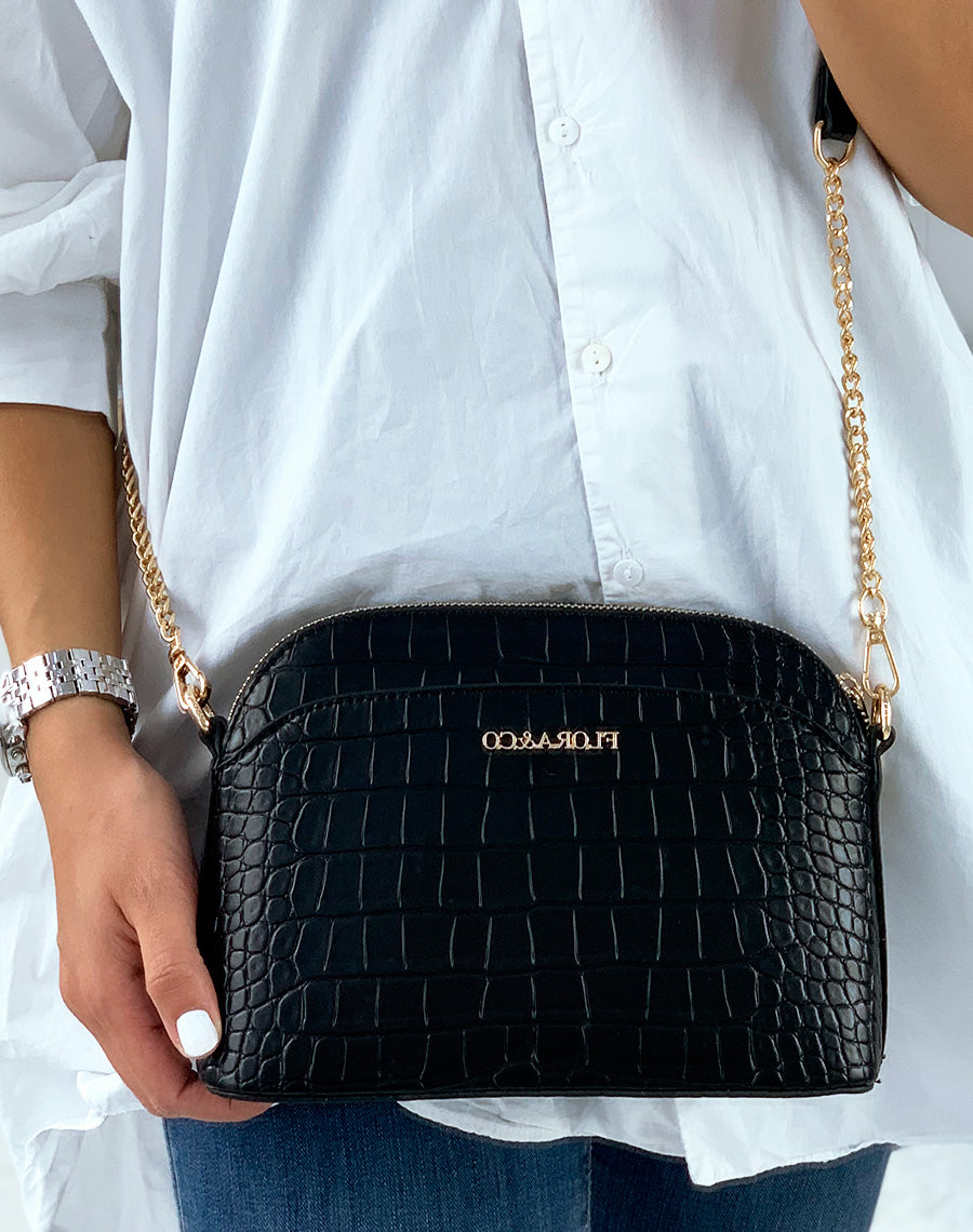 Pochette arrondie noire effet croco