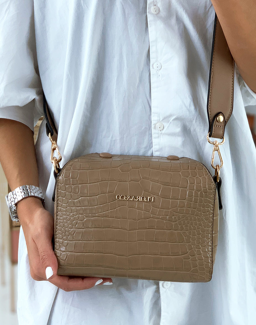 Pochette bandoulière carré effet croco beige taupe