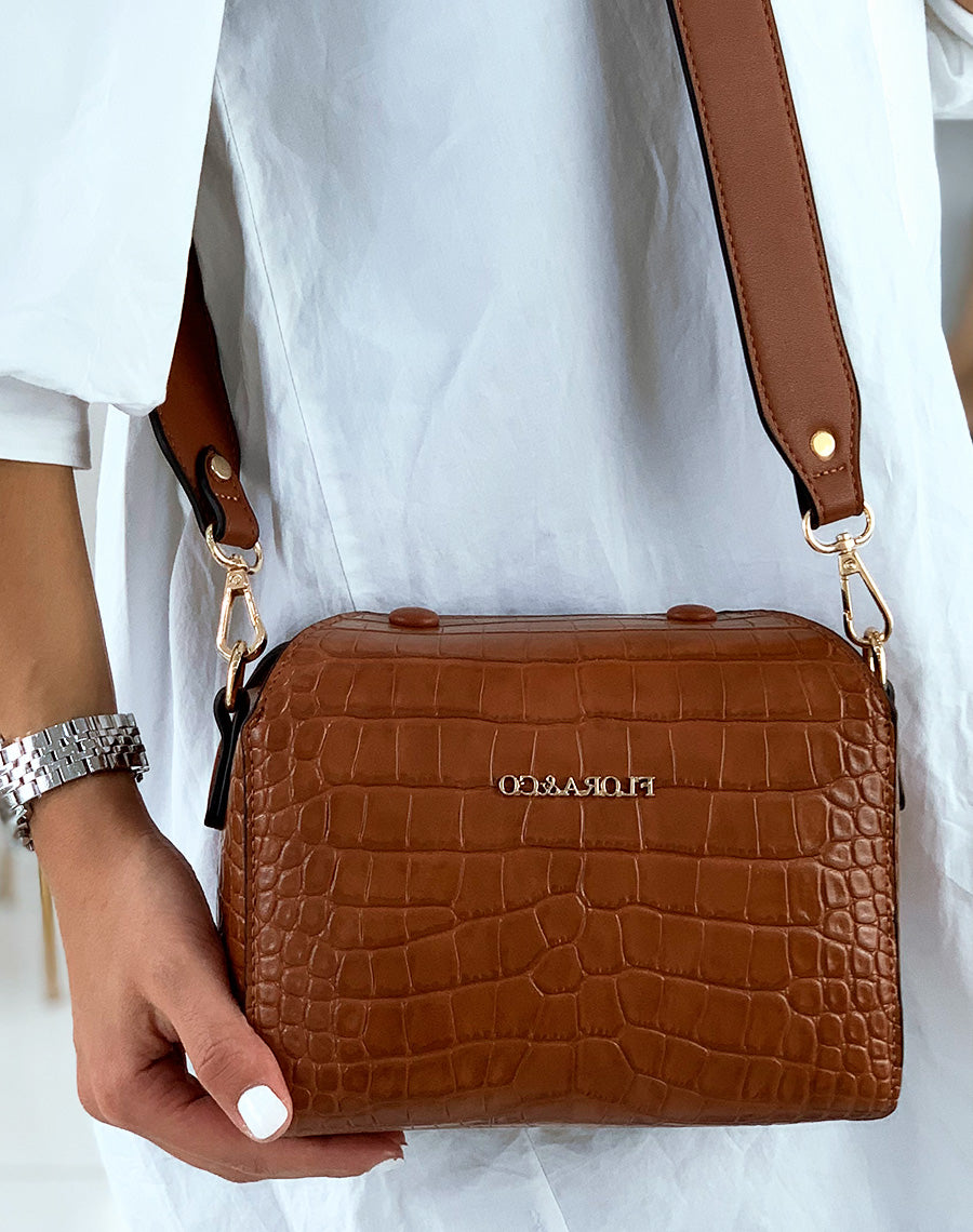 Pochette bandoulière carré effet croco camel