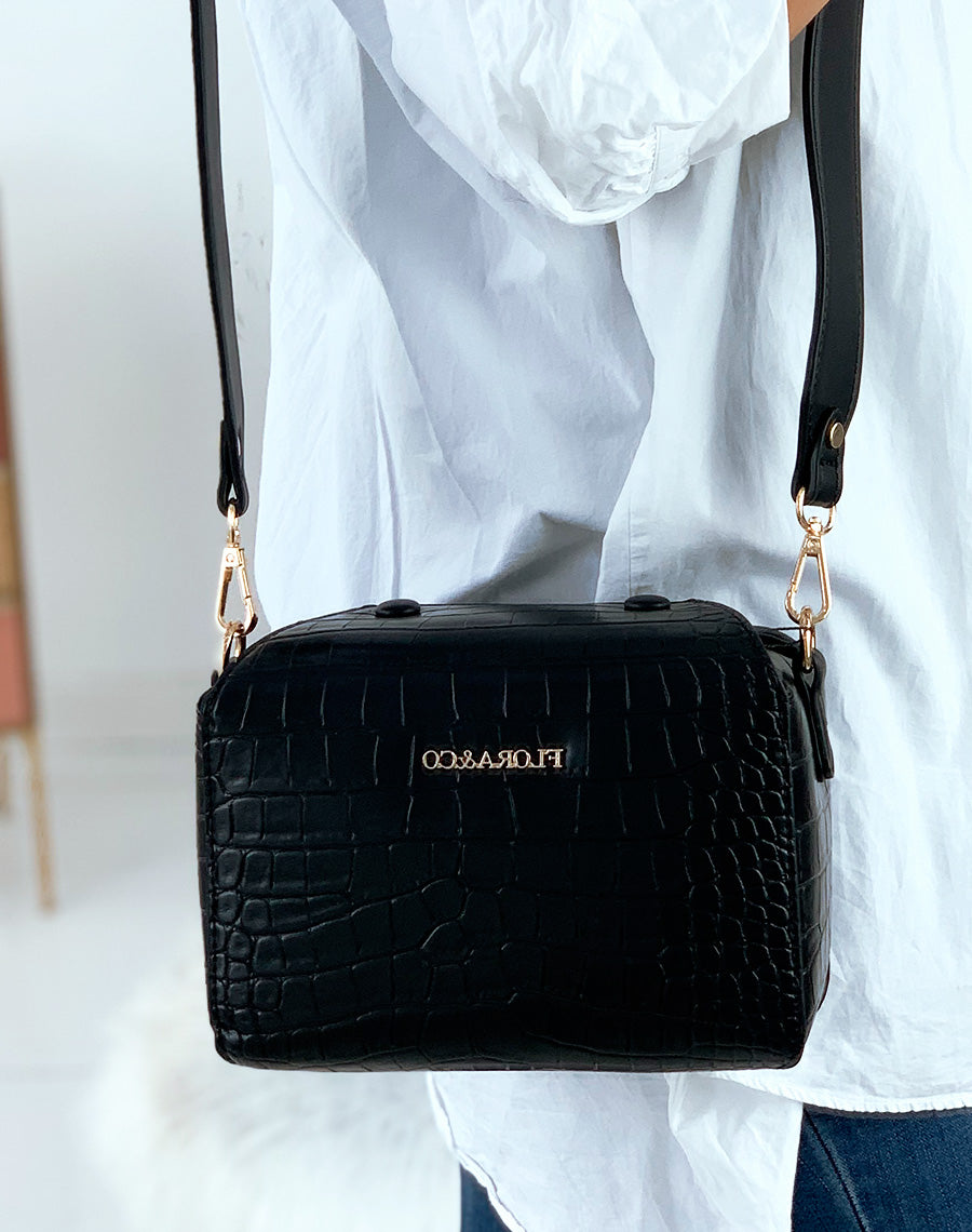 Pochette bandoulière carré effet croco noire