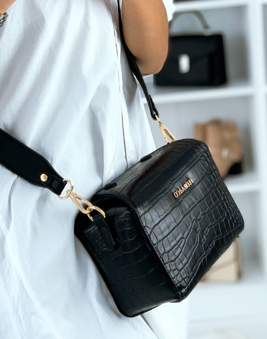 Pochette bandoulière carré effet croco noire