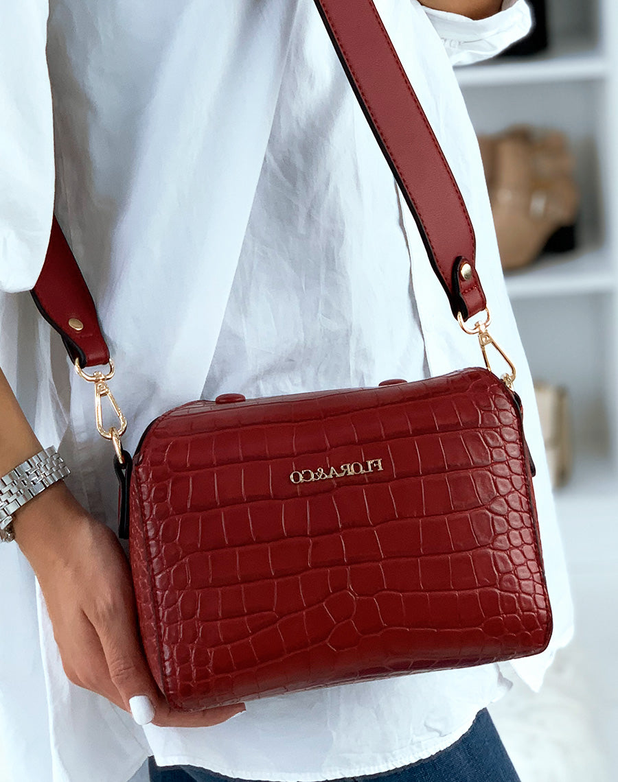 Pochette bandoulière carré effet croco rouge