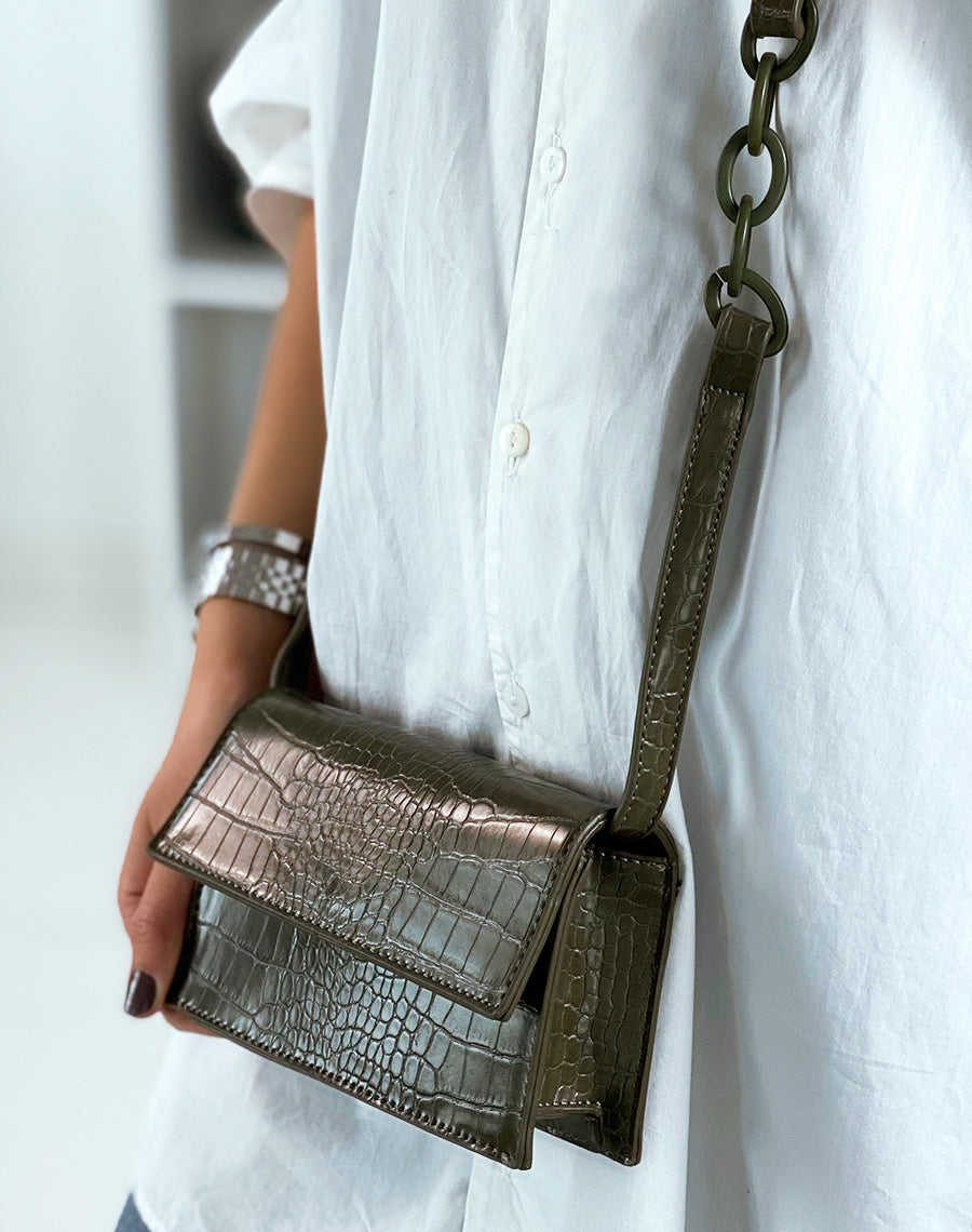 Pochette bandoulière effet croco kaki