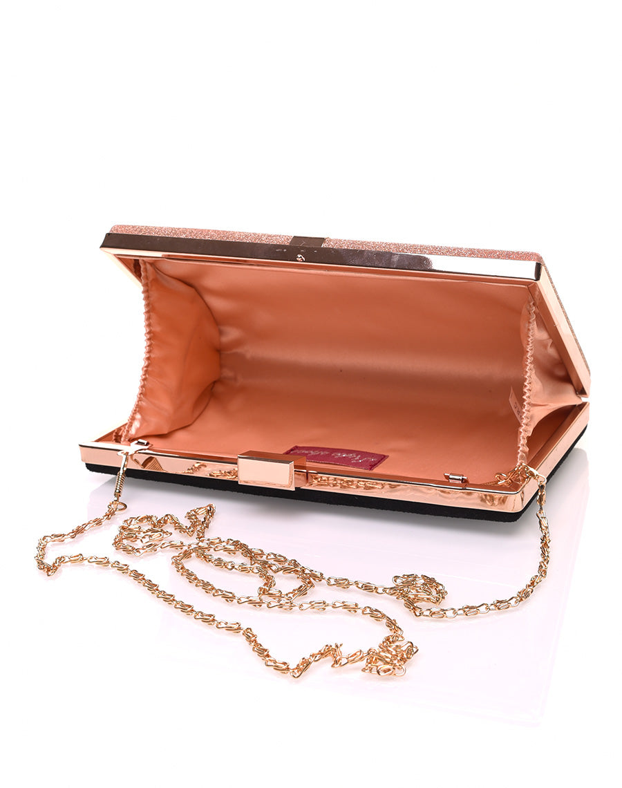 Pochette rigide en paillettes dorées et détails dorés