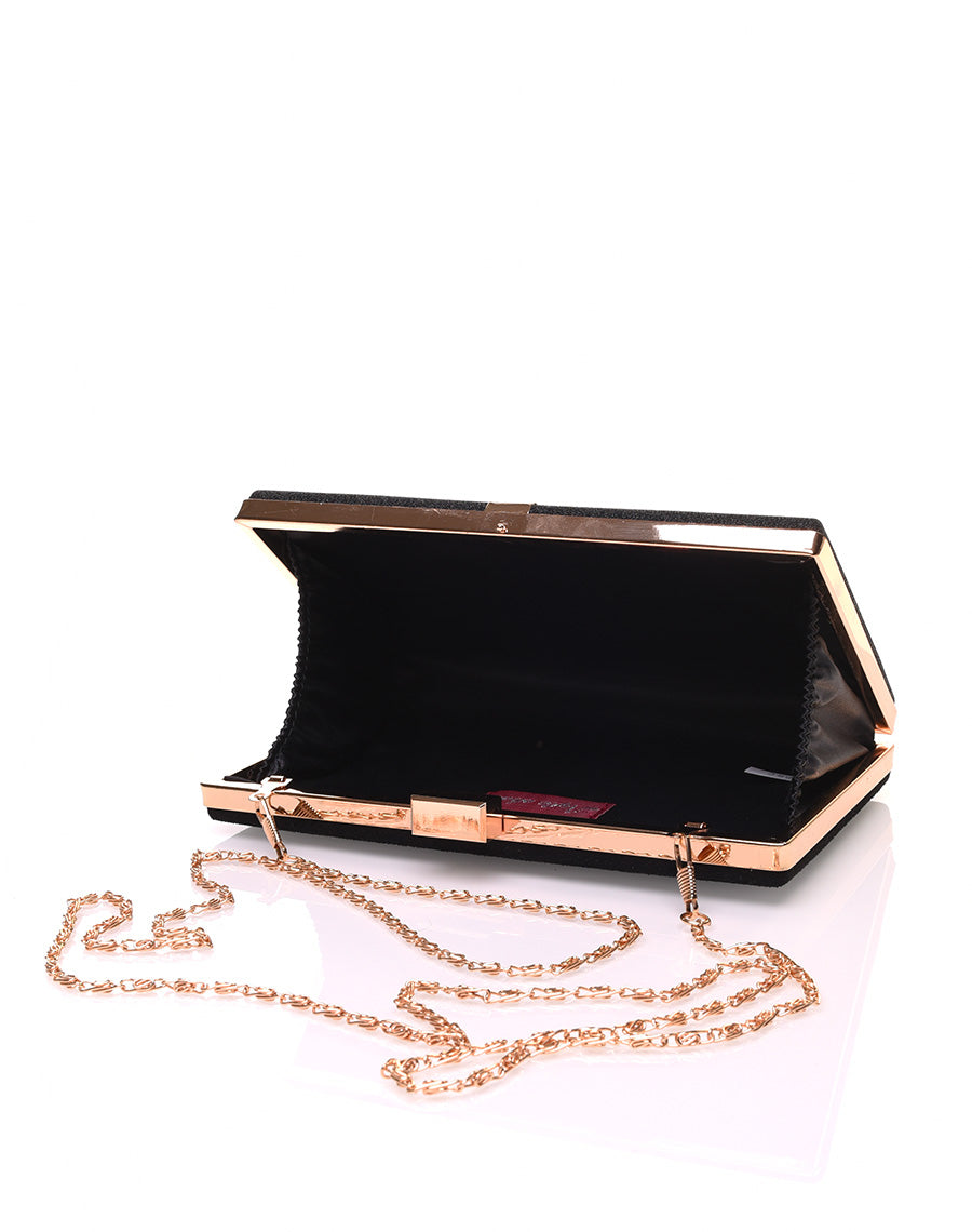 Pochette rigide en paillettes noires et détails dorés