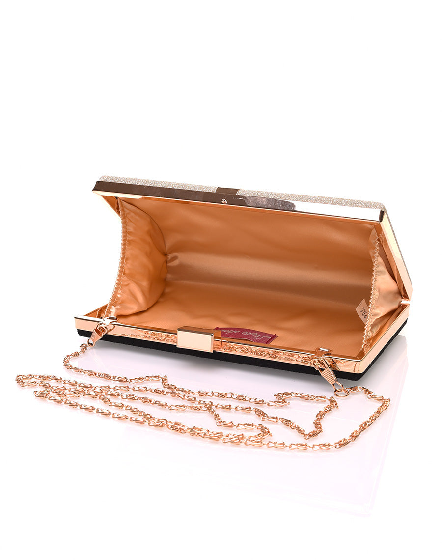 Pochette rigide en paillettes vertes et détails dorés