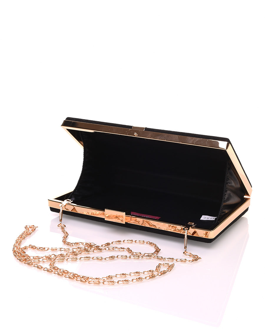 Pochette rigide en suédine noire et détails dorés