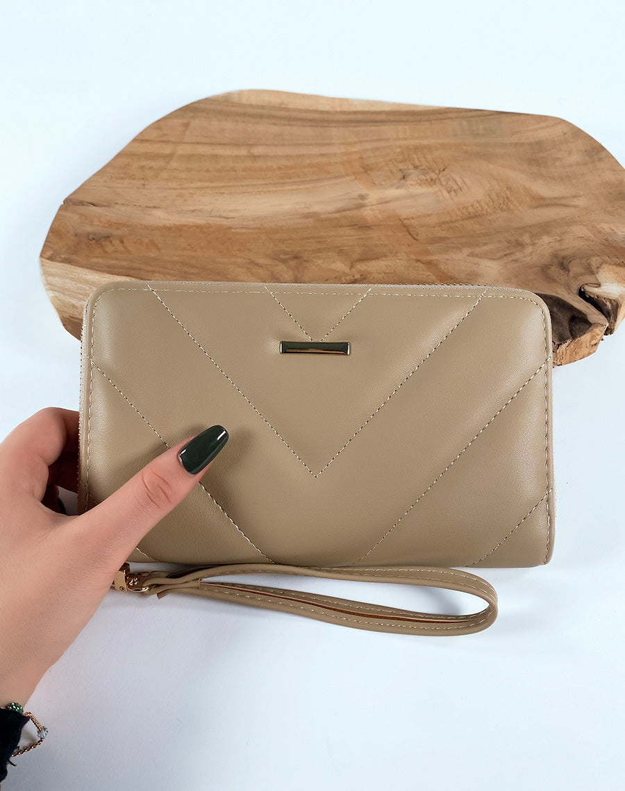 Portefeuille beige matelassé chevron