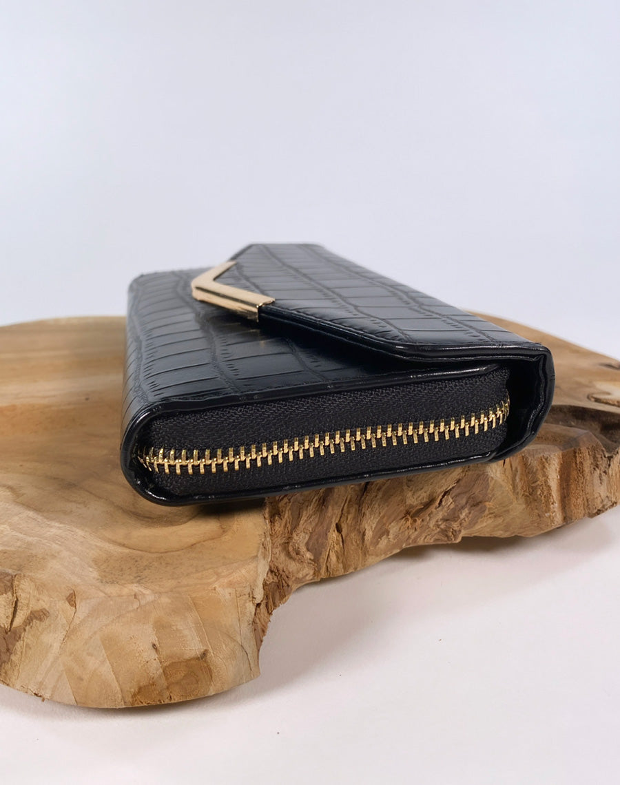 Portefeuille noir effet croco à détail doré