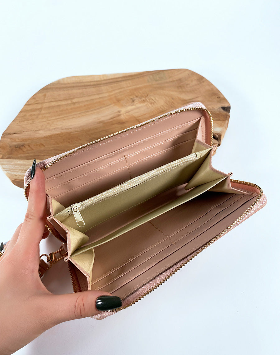 Portefeuille rose poudré matelassé chevron