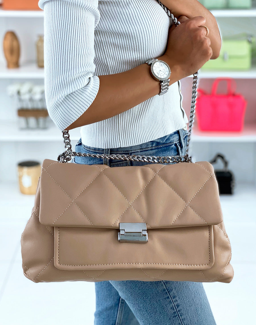 Sac bandoulière beige matelassé grand format