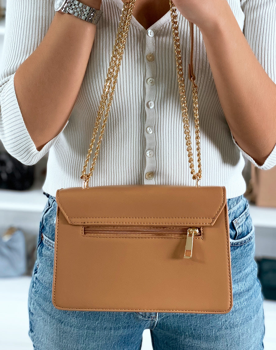 Sac à bandoulière camel avec un liseré doré