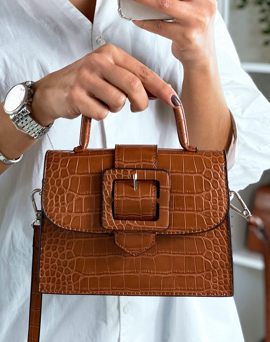 Sac bandoulière camel à grosse sangle effet croco