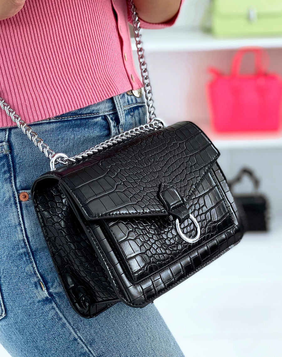 Sac bandoulière effet croco noir