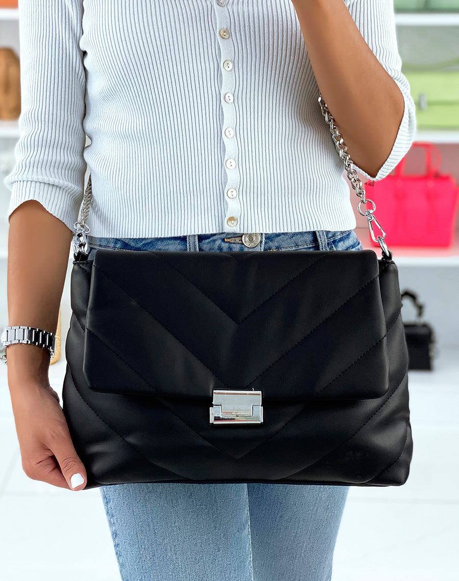 Sac bandoulière noir chevron matelassé grand format