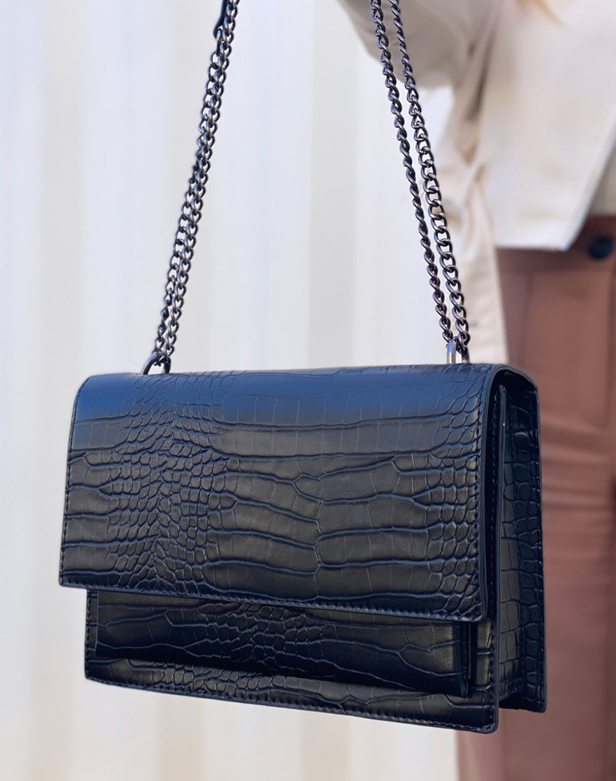 Sac bandoulière noir effet croco