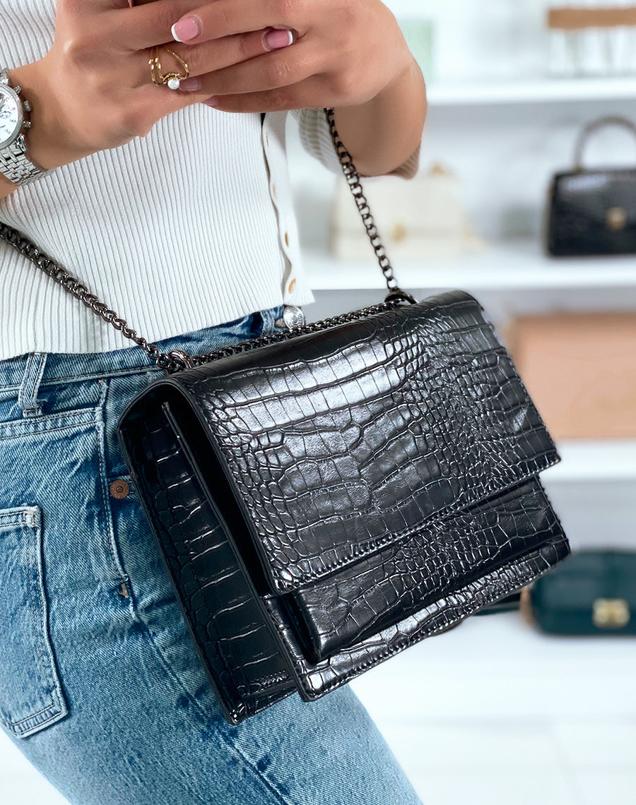 Sac bandoulière noir effet croco