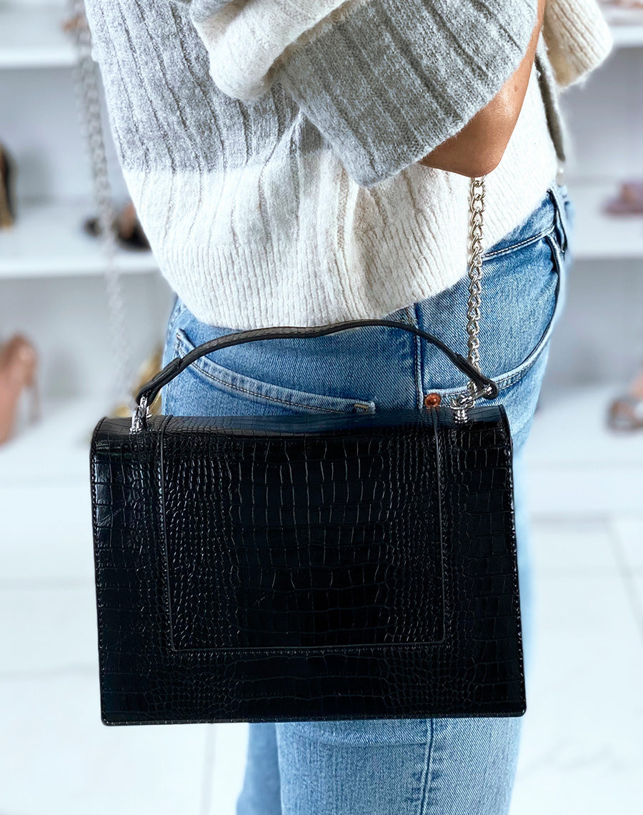 Sac bandoulière noir effet croco avec chaîne argentée