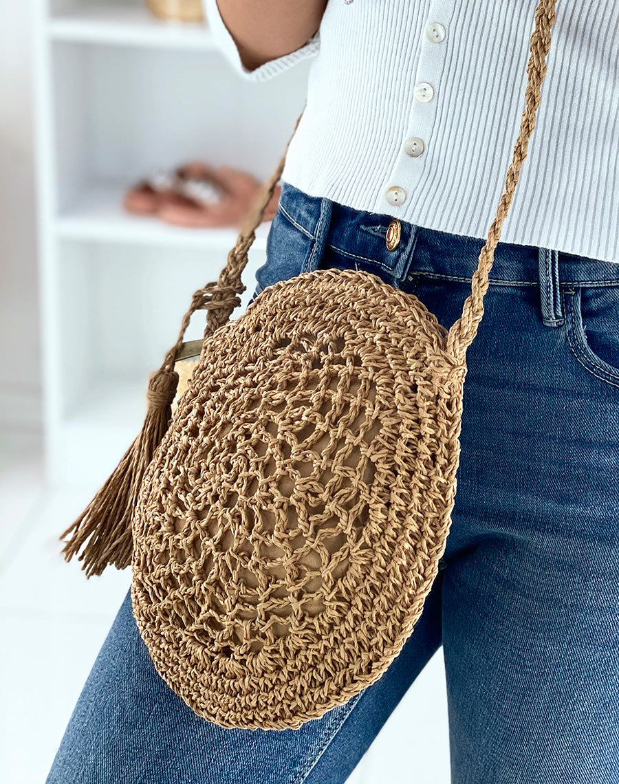 Sac bandoulière rond en paille naturel