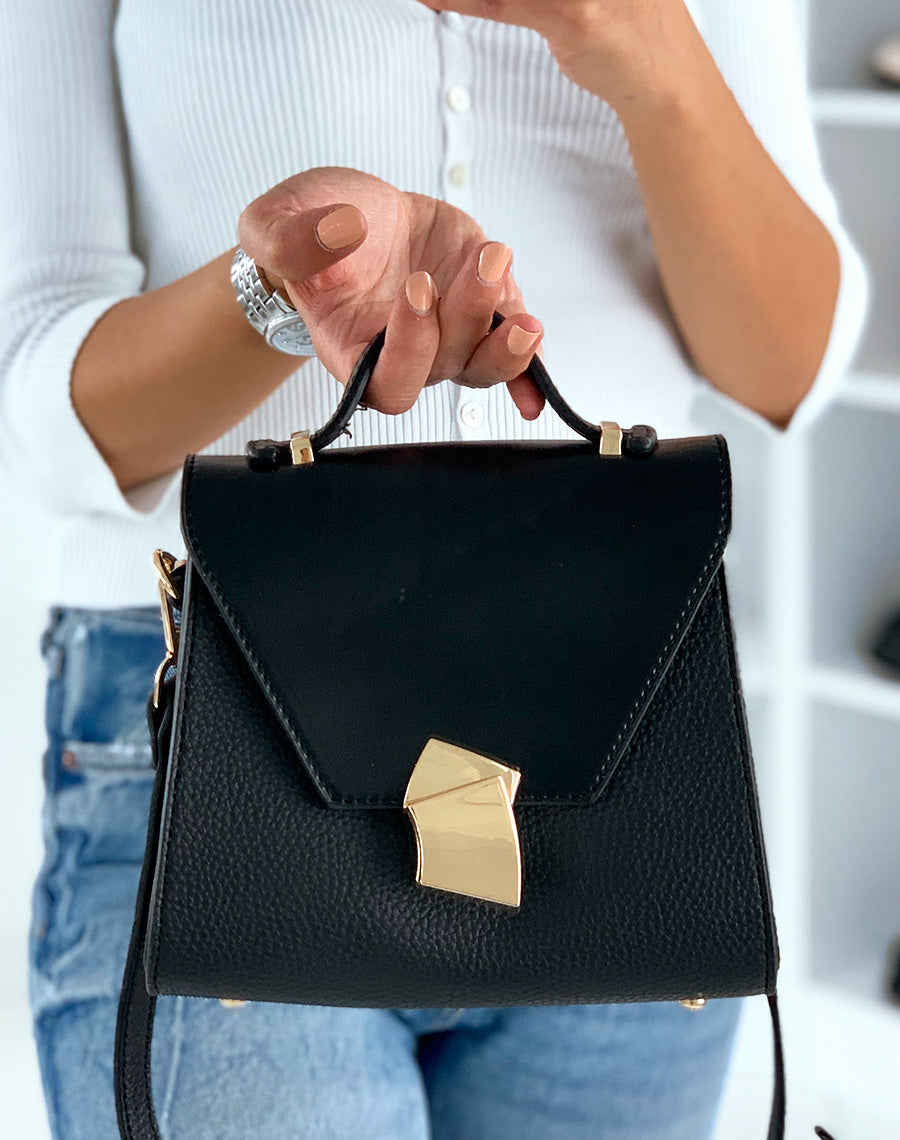 Sac bandoulière trapèze noir à détail doré