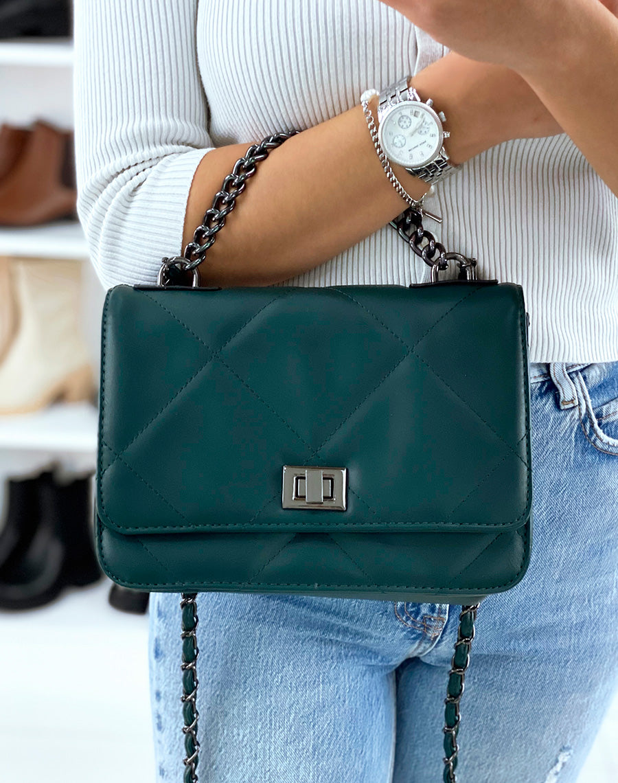 Sac bandoulière vert foncé effet matelassé à chaîne argentée