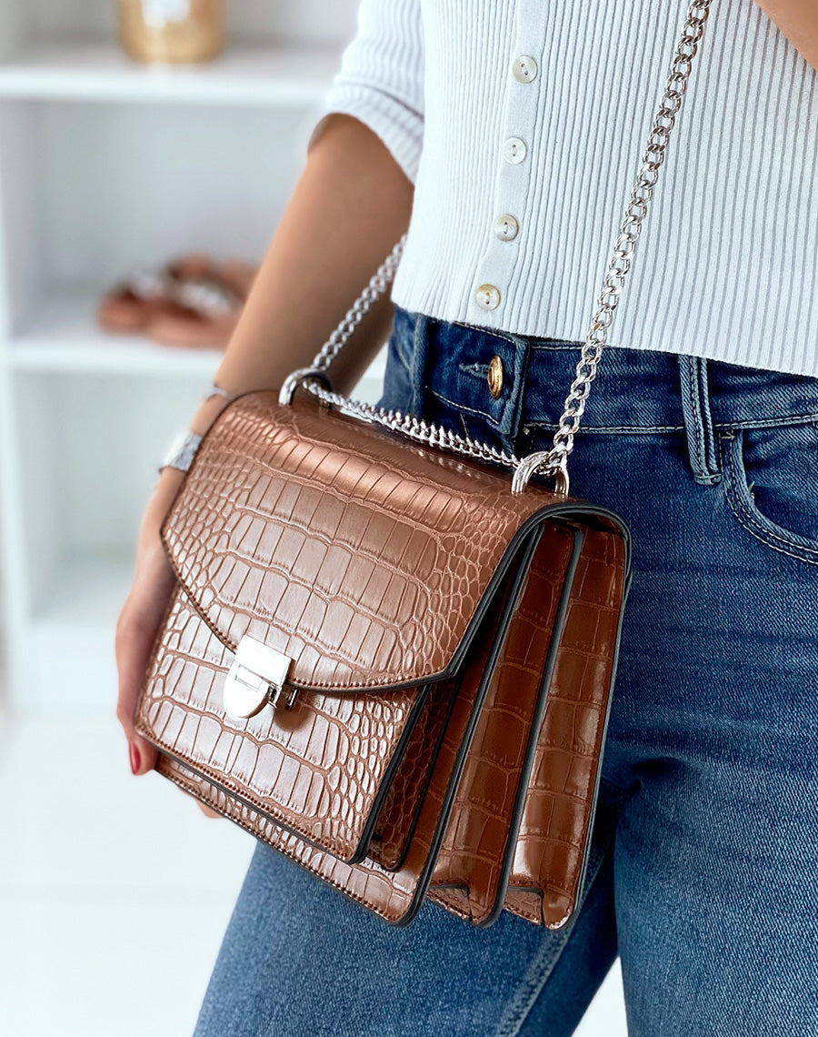 Sac camel effet croco à bandoulière en chaine argentée