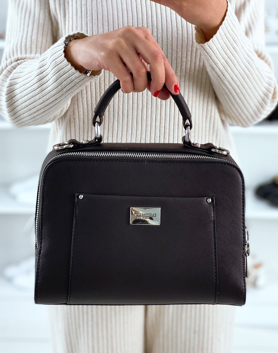 Sac chocolat porté épaule style cartable 