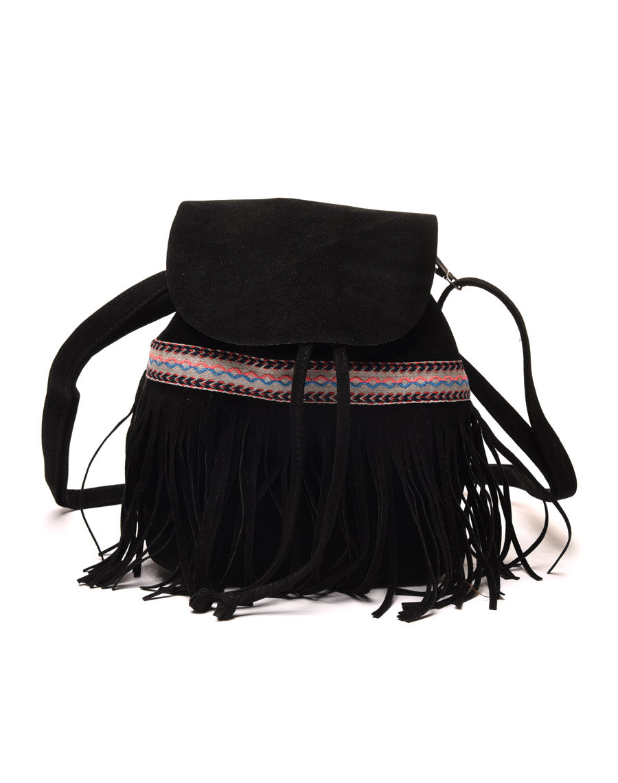 Sac à dos noir effet suédine avec liserais et franges
