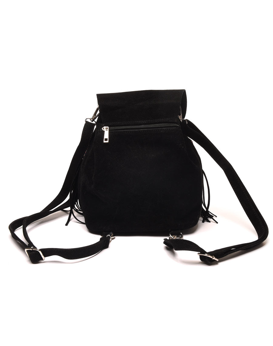 Sac à dos noir effet suédine avec liserais et franges