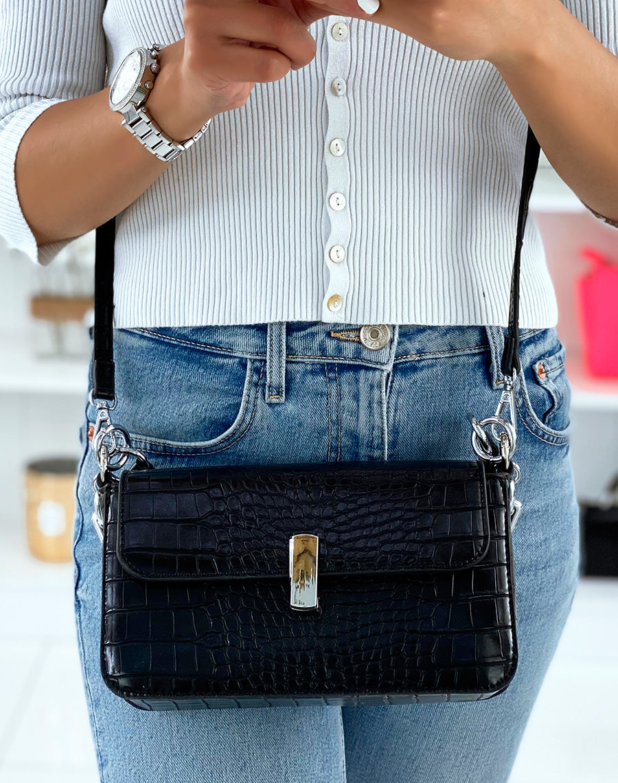 Sac en bandoulière noir effet croco à chaîne