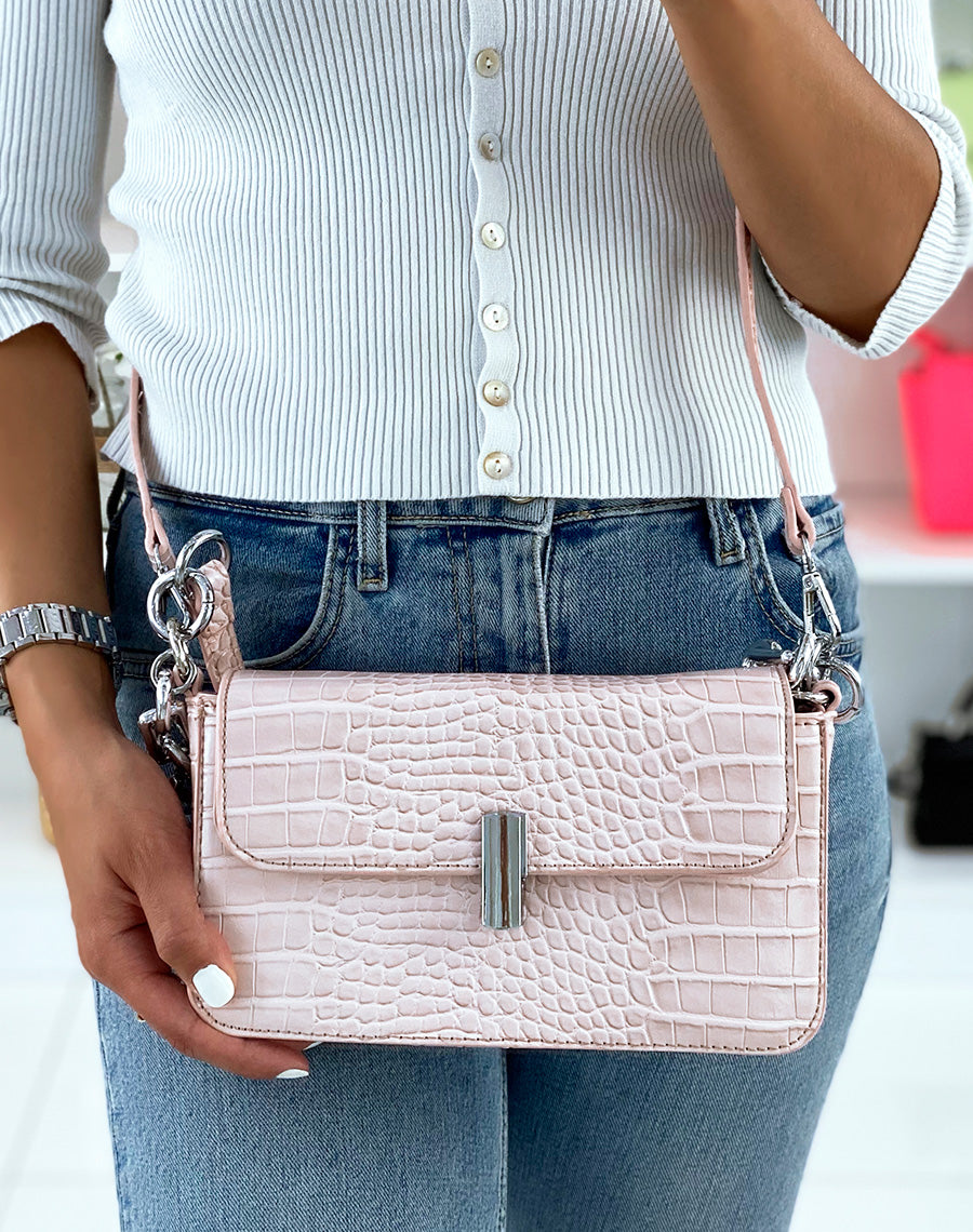Sac en bandoulière rose pâle effet croco à chaîne