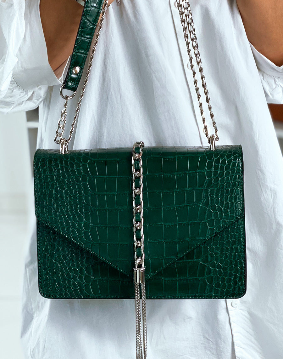 Sac en bandoulière vert croco à détails argentés