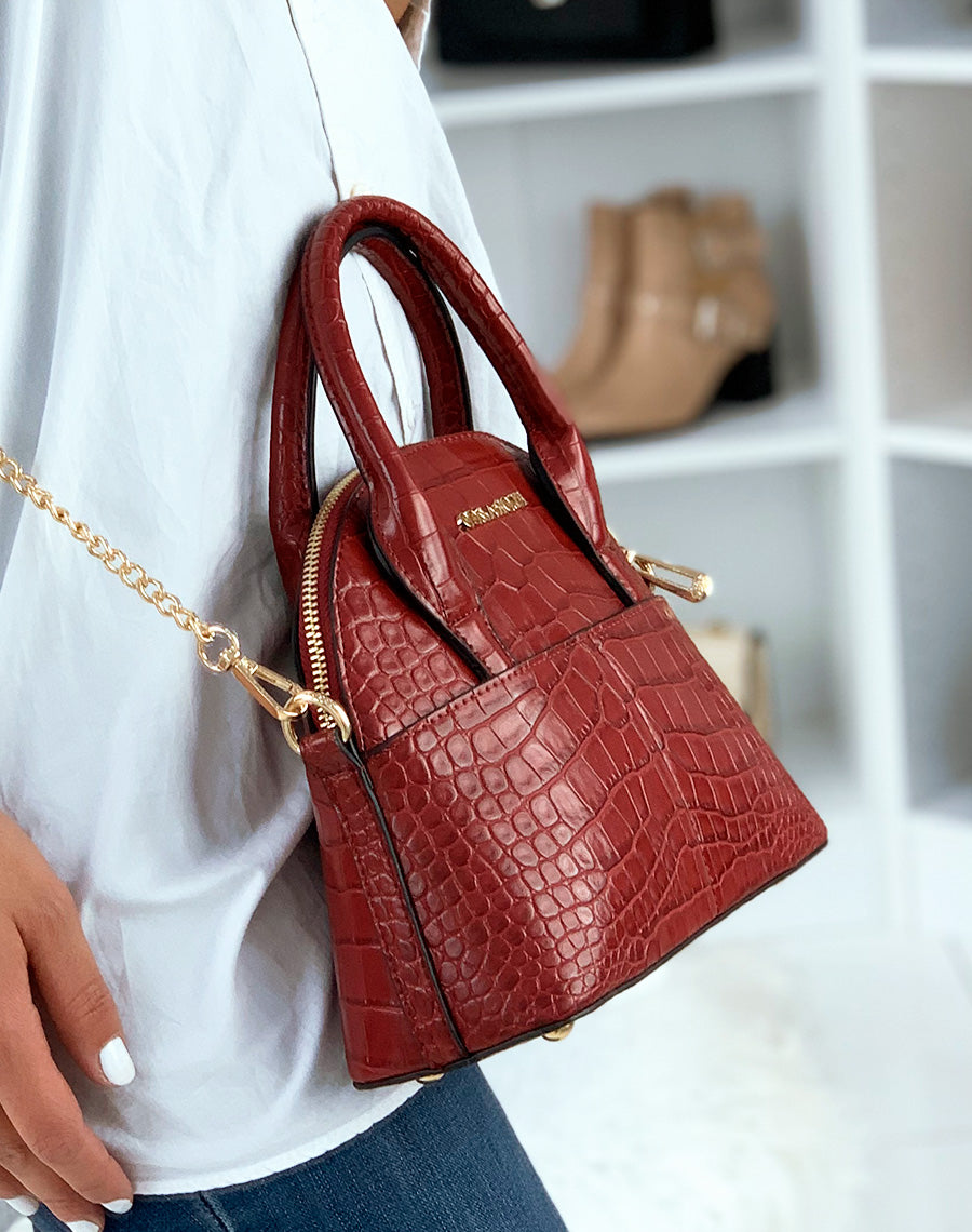 Sac à main arrondis rouge effet croco