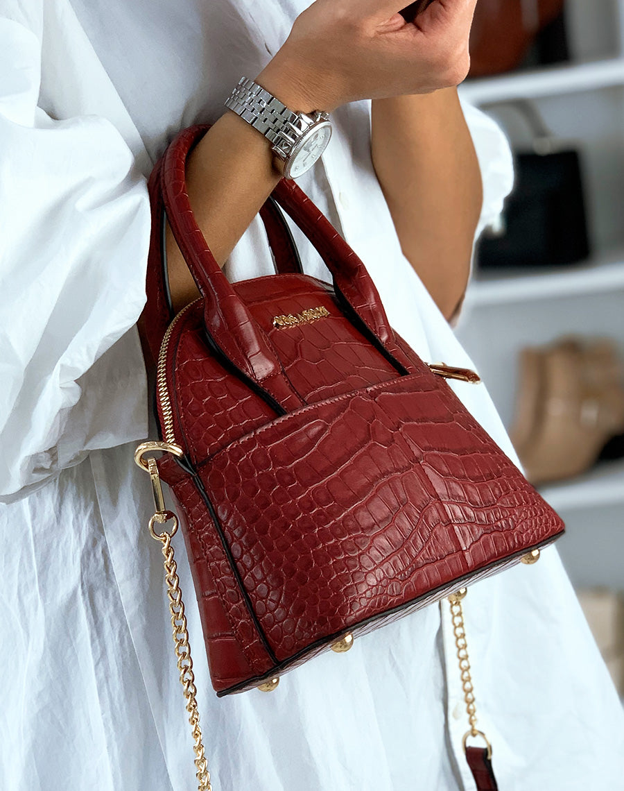 Sac à main arrondis rouge effet croco