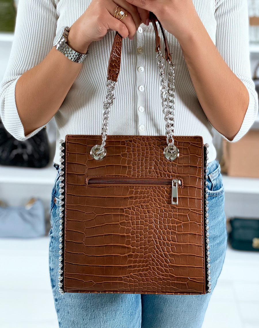 Sac à main camel effet croco à perles argentées