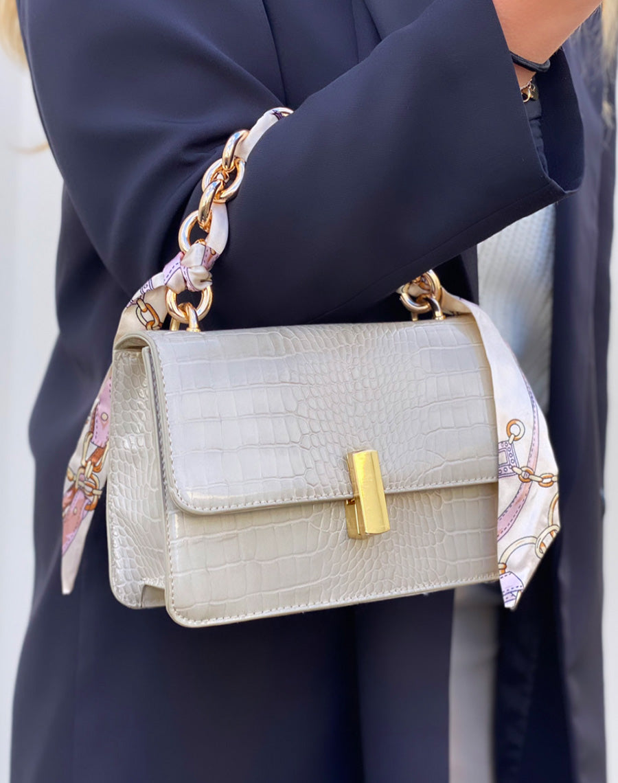 Sac à main effet croco beige avec anse à foulard