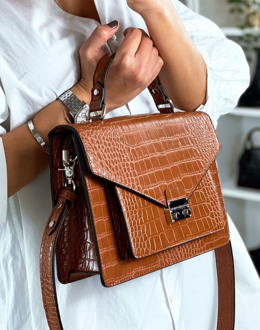 Sac à main effet croco camel