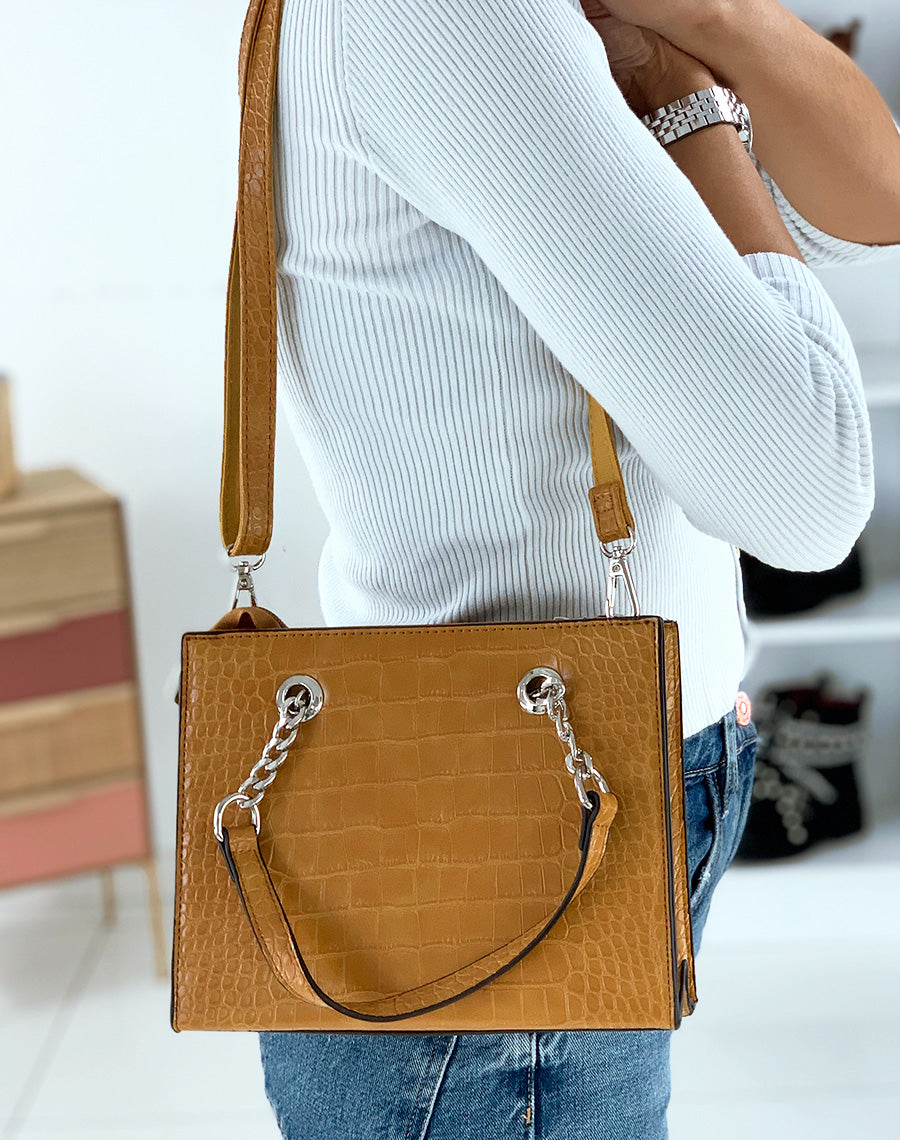 Sac à main effet croco moutarde