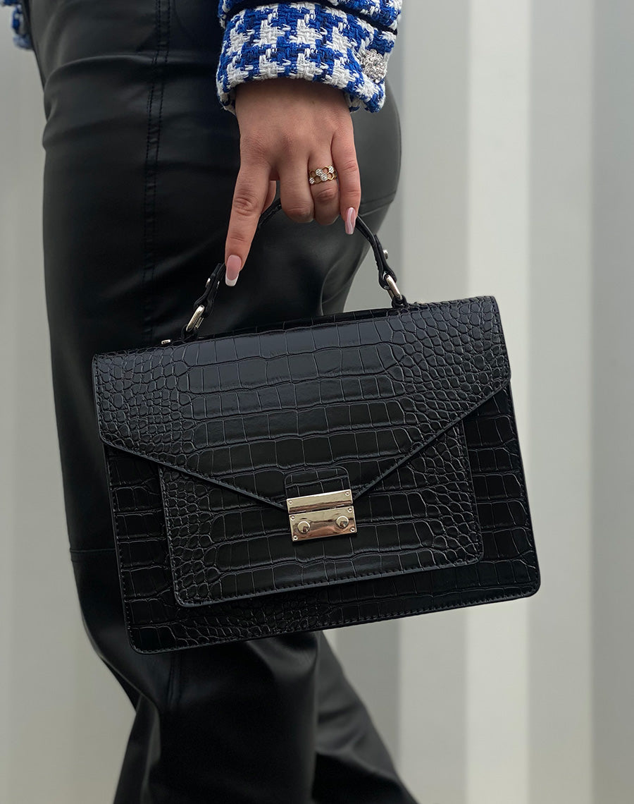 Sac à main effet croco noir