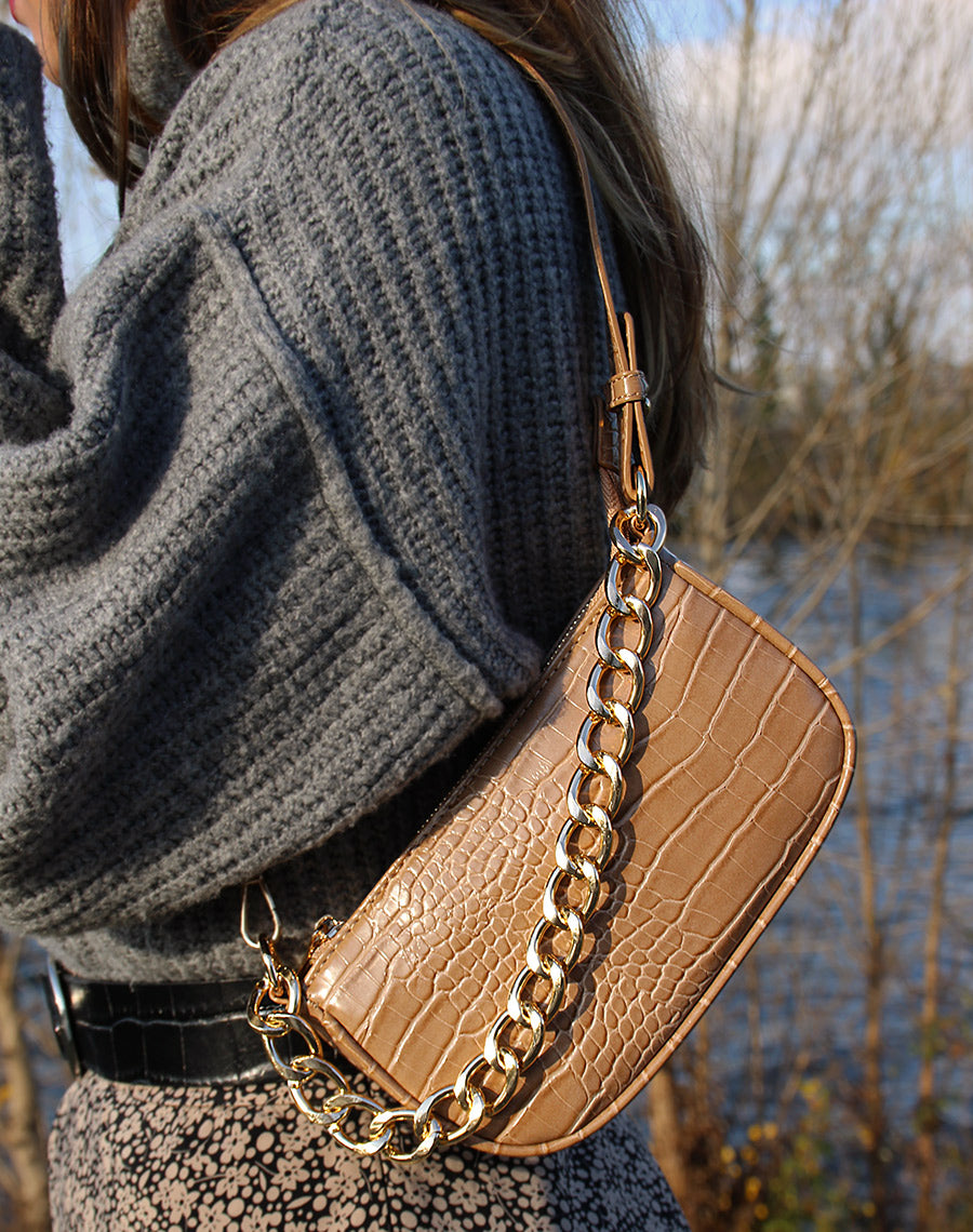 Sac à main effet croco taupe à chaine dorée